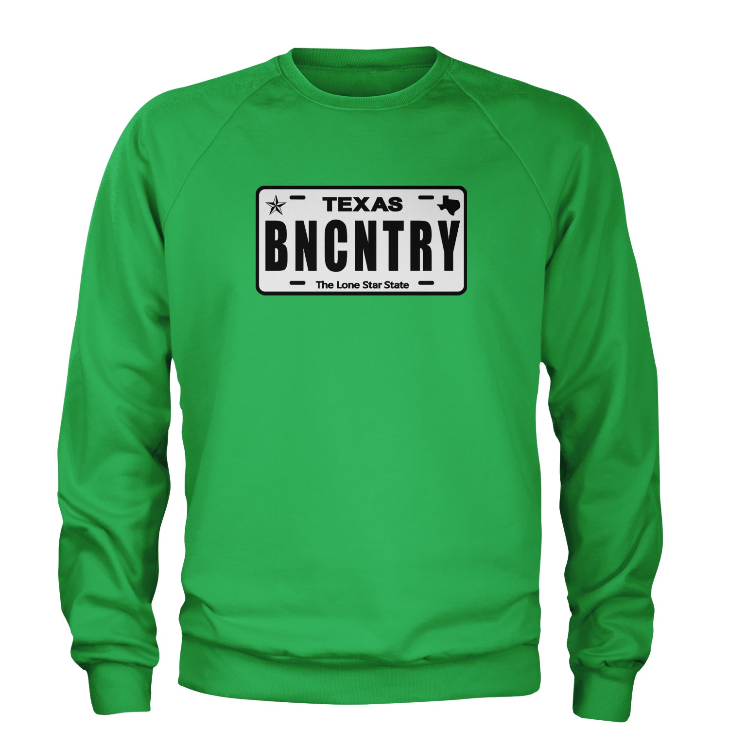 Texas License Plate BNCNTRY Adult Crewneck Sweatshirt Kelly Green