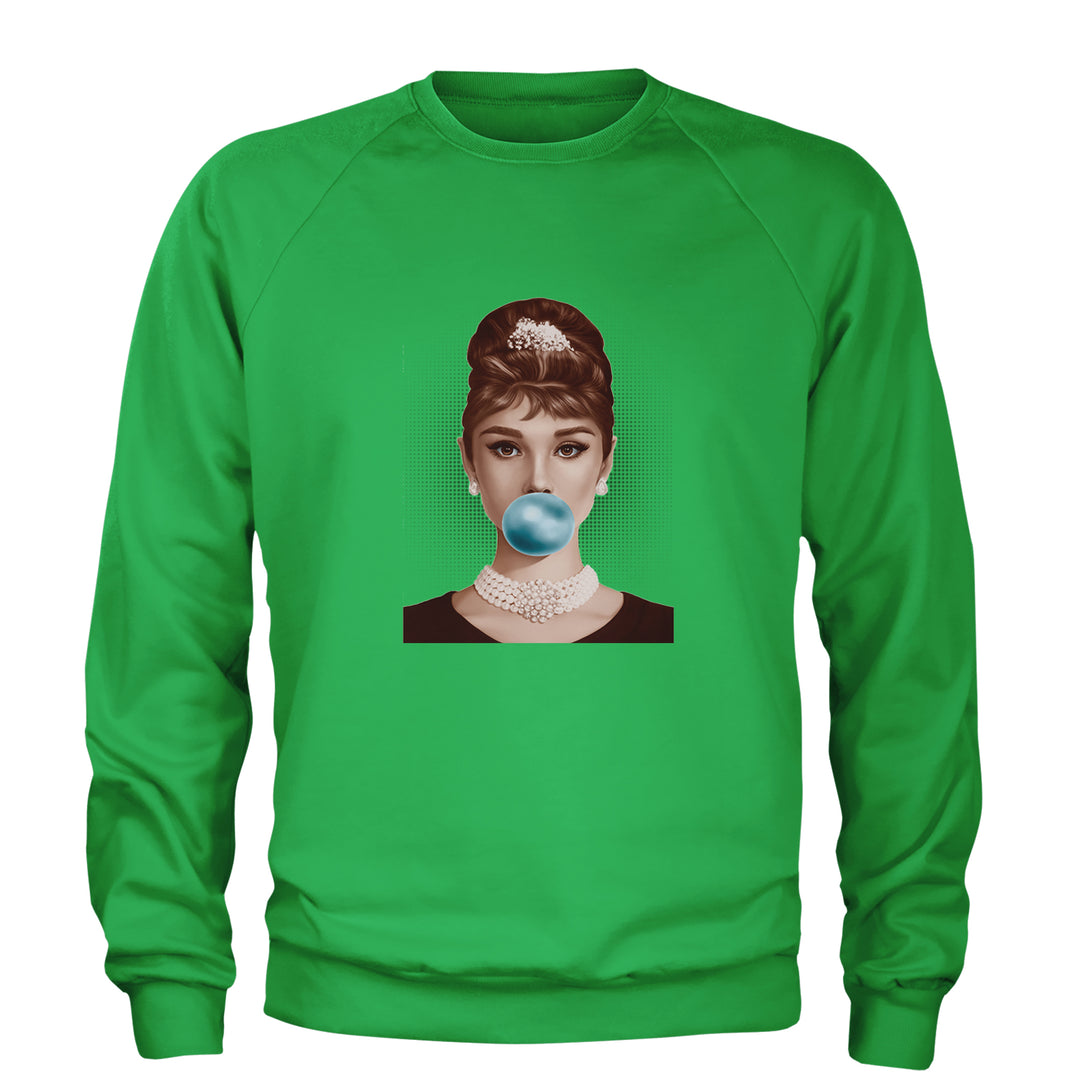 Audrey Hepburn Chewing Bubble Gum American Icon Adult Crewneck Sweatshirt Kelly Green