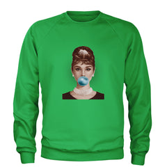Audrey Hepburn Chewing Bubble Gum American Icon Adult Crewneck Sweatshirt Kelly Green