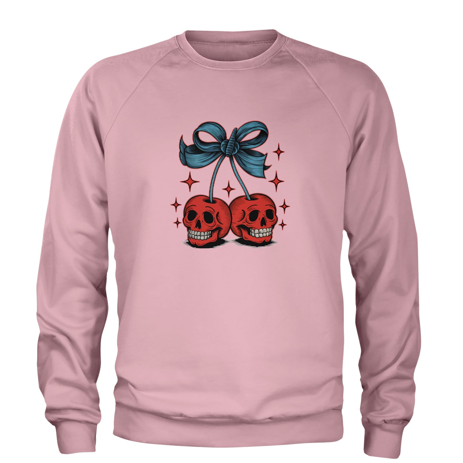 Cherry Skulls Retro Tattoo Adult Crewneck Sweatshirt Light Pink