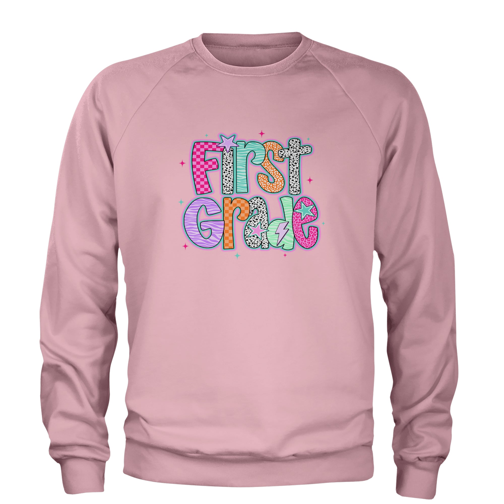First Grade Vibes Colorful Back to School Adult Crewneck Sweatshirt Light Pink