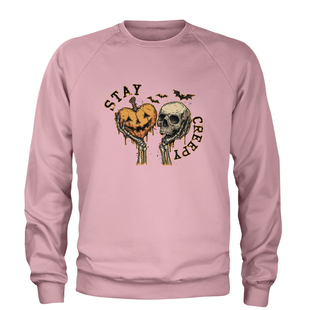 Stay Creepy Skull and Pumpkin Halloween Adult Crewneck Sweatshirt Light Pink