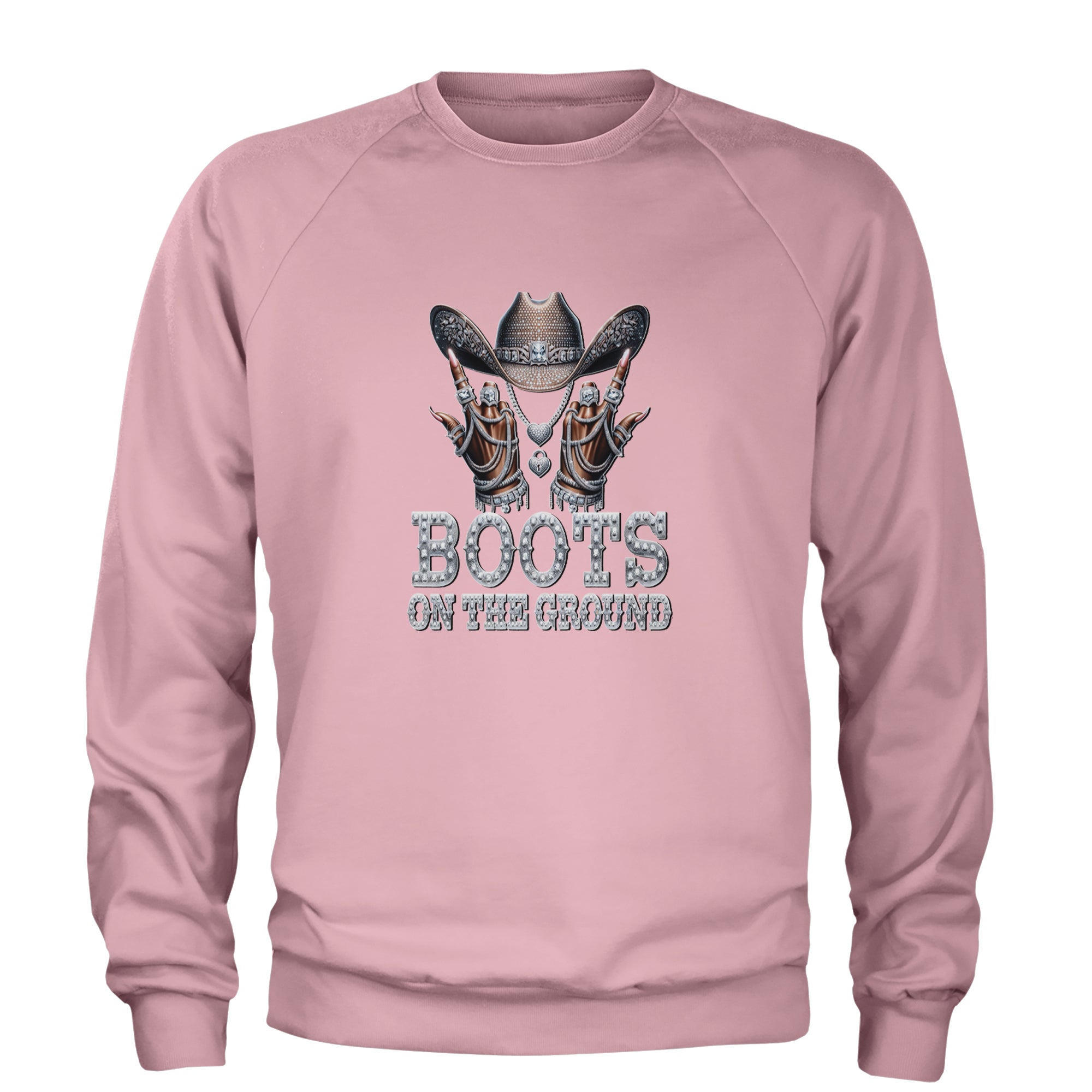 Boots On The Ground Bling Adult Crewneck Sweatshirt Light Pink