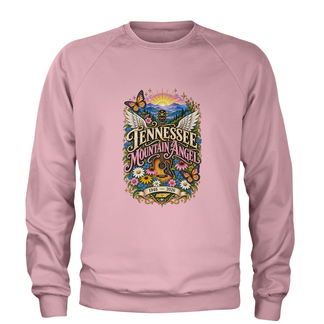 Tennessee Mountain Angel Wings Dolly Adult Crewneck Sweatshirt Light Pink