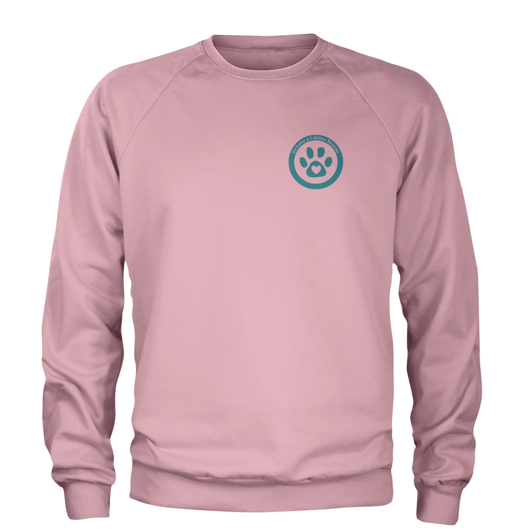 TLC To Love a Canine Dog Rescue Teal Adult Crewneck Sweatshirt Light Pink