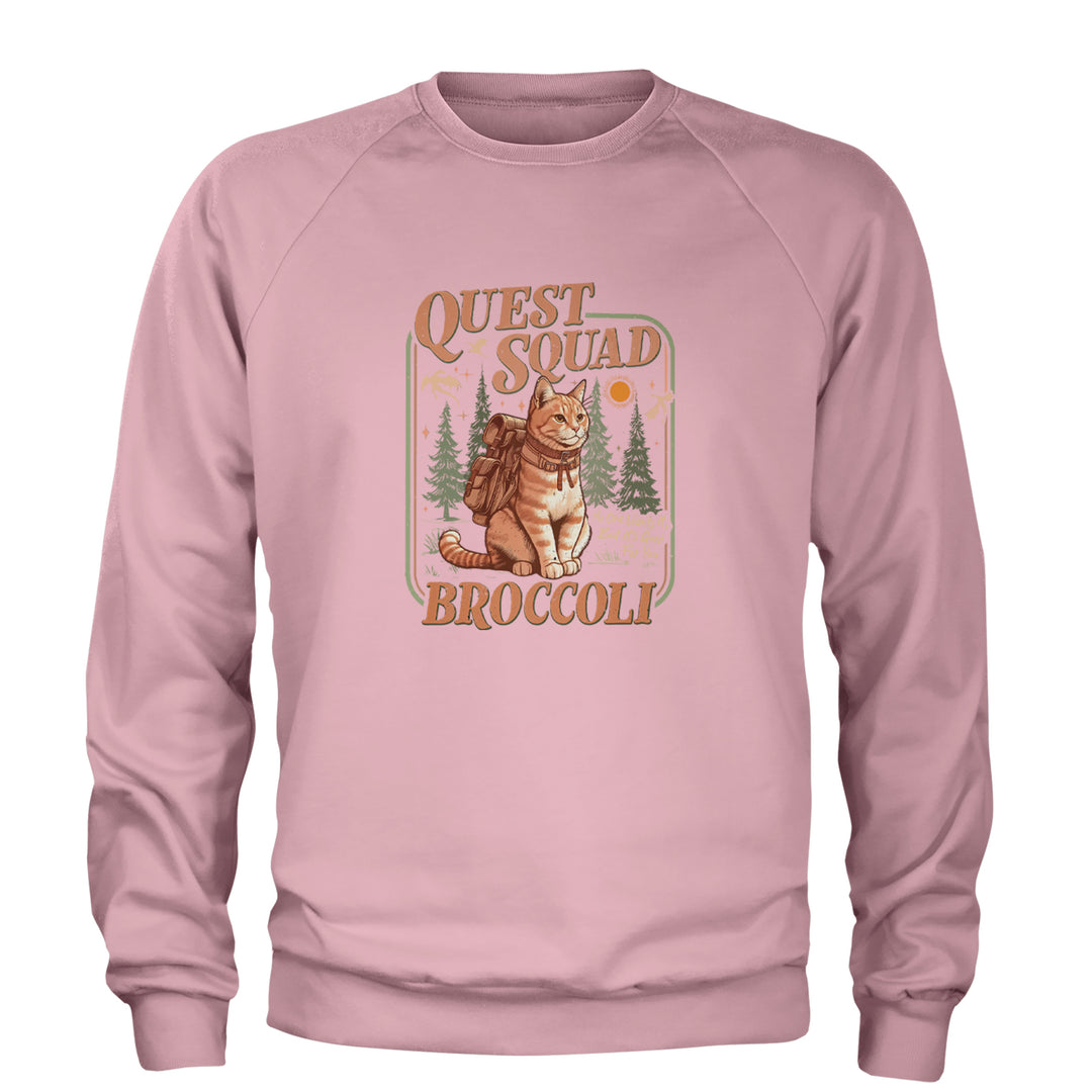 Quest Squad Broccoli Cat Fantasy Reader  Adult Crewneck Sweatshirt Light Pink