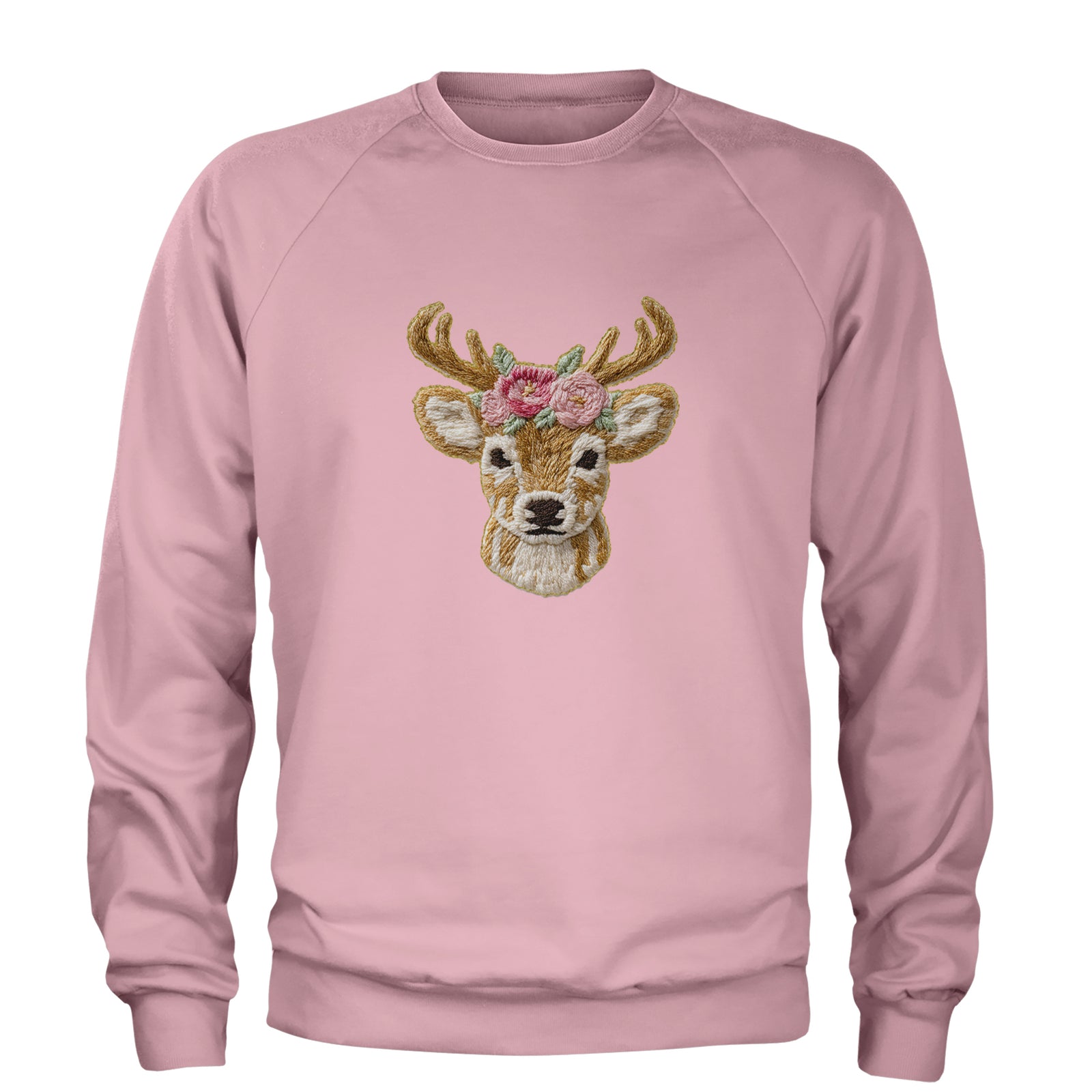 Vintage Reindeer Embroidery Art Soft Cottagecore Adult Crewneck Sweatshirt Light Pink
