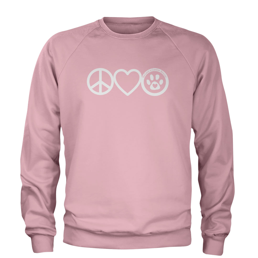 Peace, Love and TLC Dog Rescue Adult Crewneck Sweatshirt Light Pink