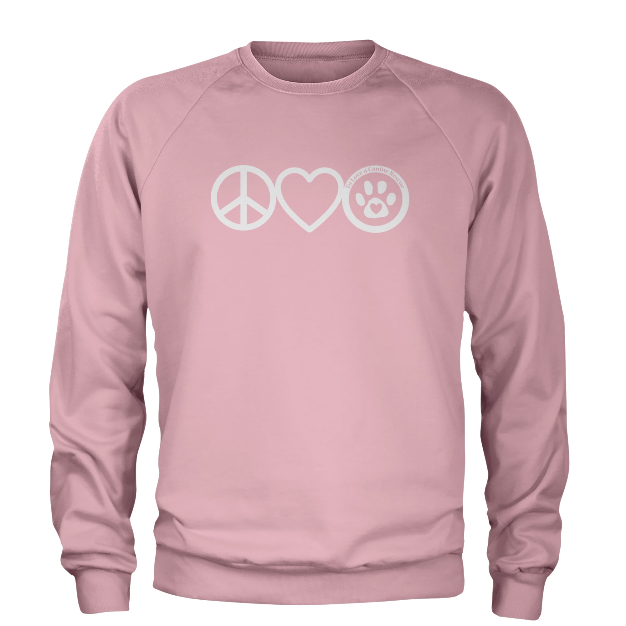 Peace, Love and TLC Dog Rescue Adult Crewneck Sweatshirt Light Pink