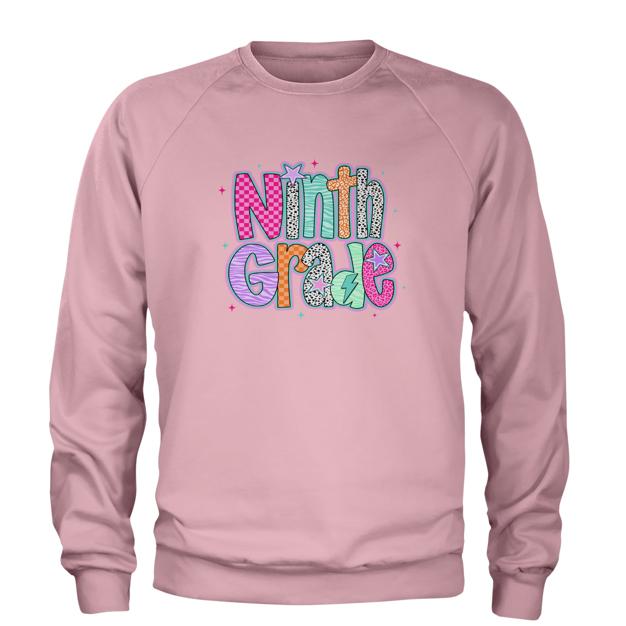 Ninth Grade Freshman Vibes Colorful Back to School Adult Crewneck Sweatshirt Light Pink