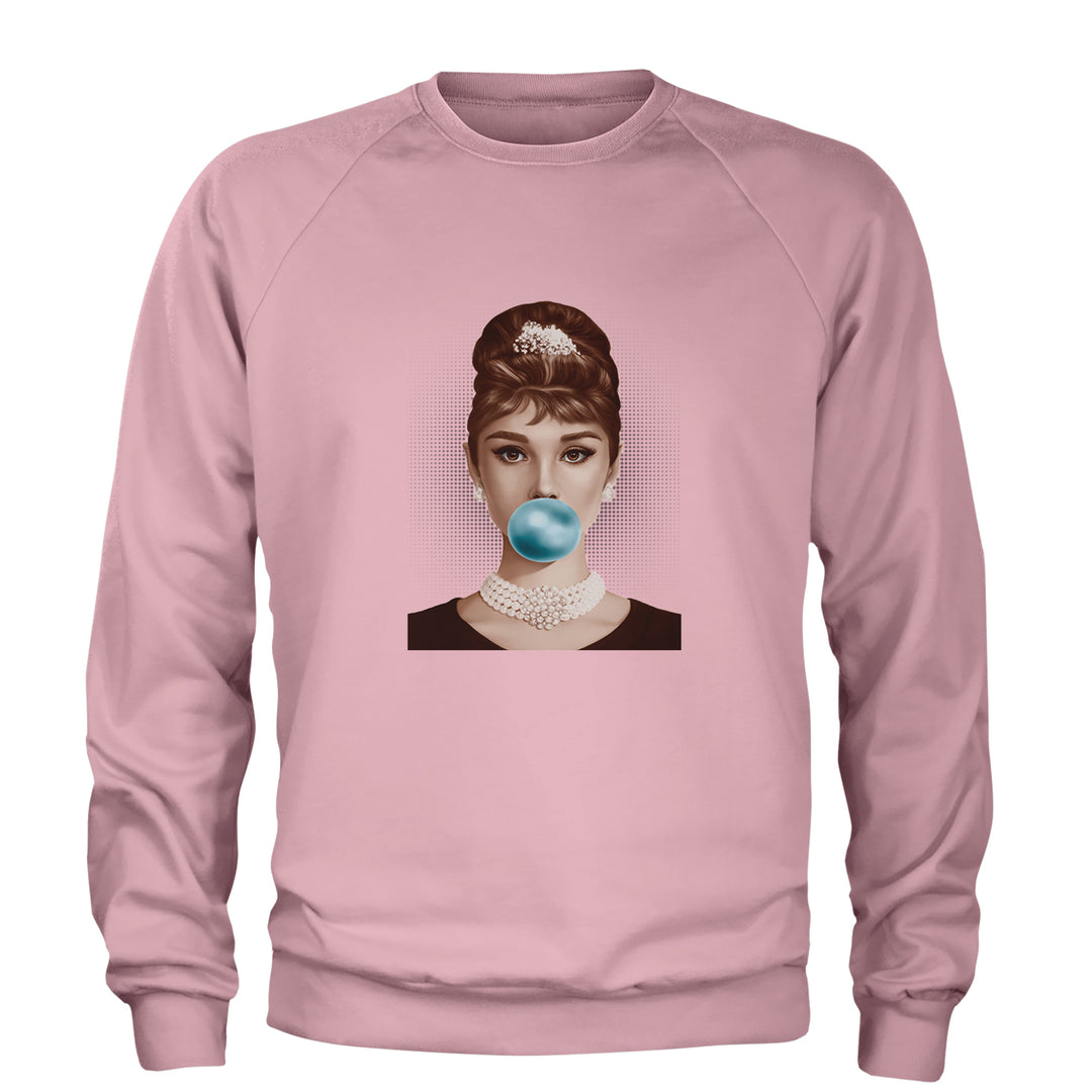 Audrey Hepburn Chewing Bubble Gum American Icon Adult Crewneck Sweatshirt Light Pink