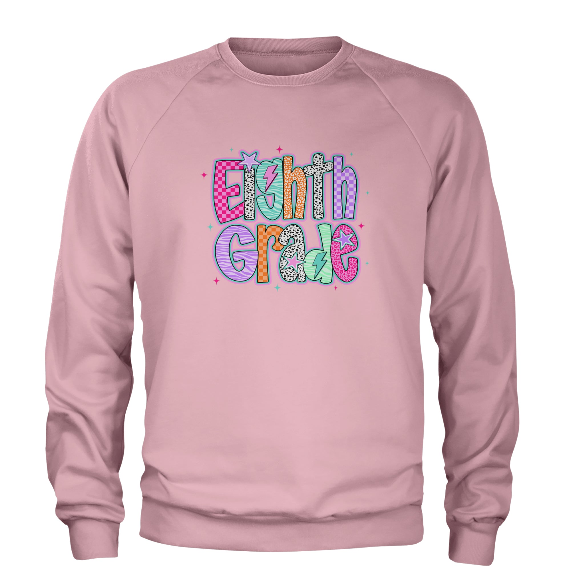 Eighth Grade Energy Colorful Back to School Adult Crewneck Sweatshirt Light Pink