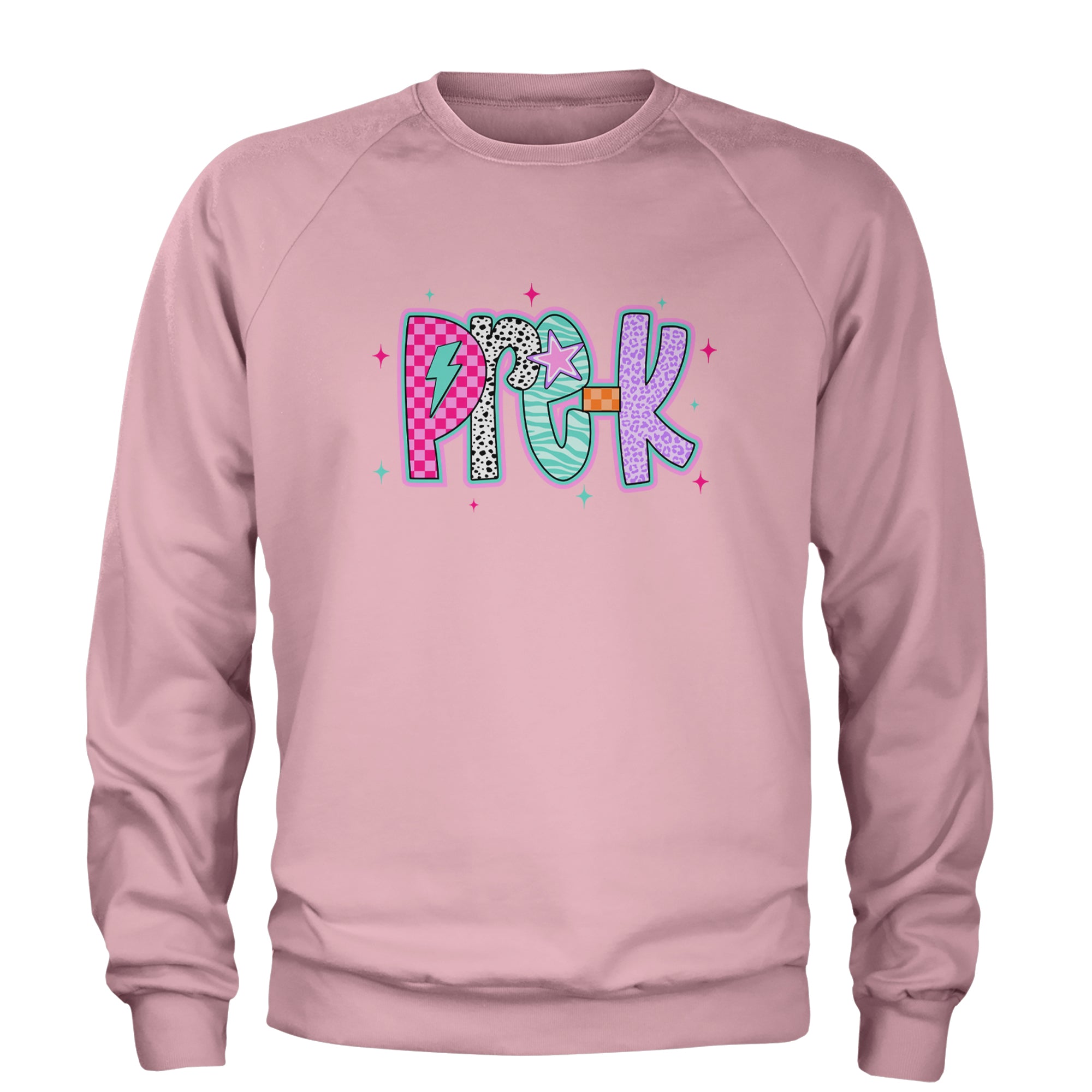 Pre-K Party Time Colorful Back to School Adult Crewneck Sweatshirt Light Pink