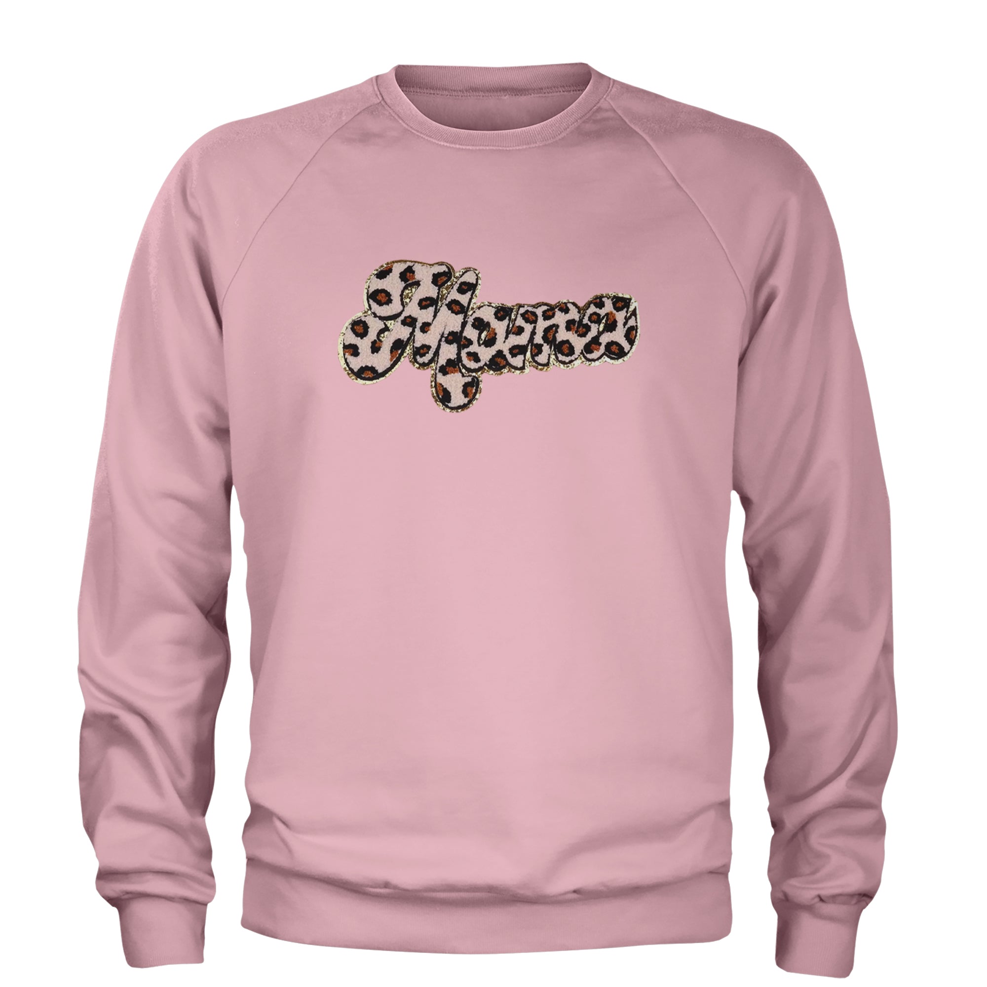 Mama Cheetah Print Glitter Chenille Patch Adult Crewneck Sweatshirt Light Pink