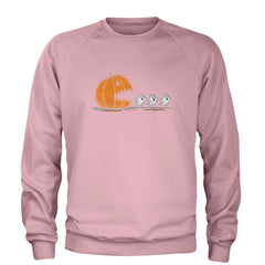 Pumpkin Pacman Chasing Ghosts Halloween Adult Crewneck Sweatshirt Light Pink
