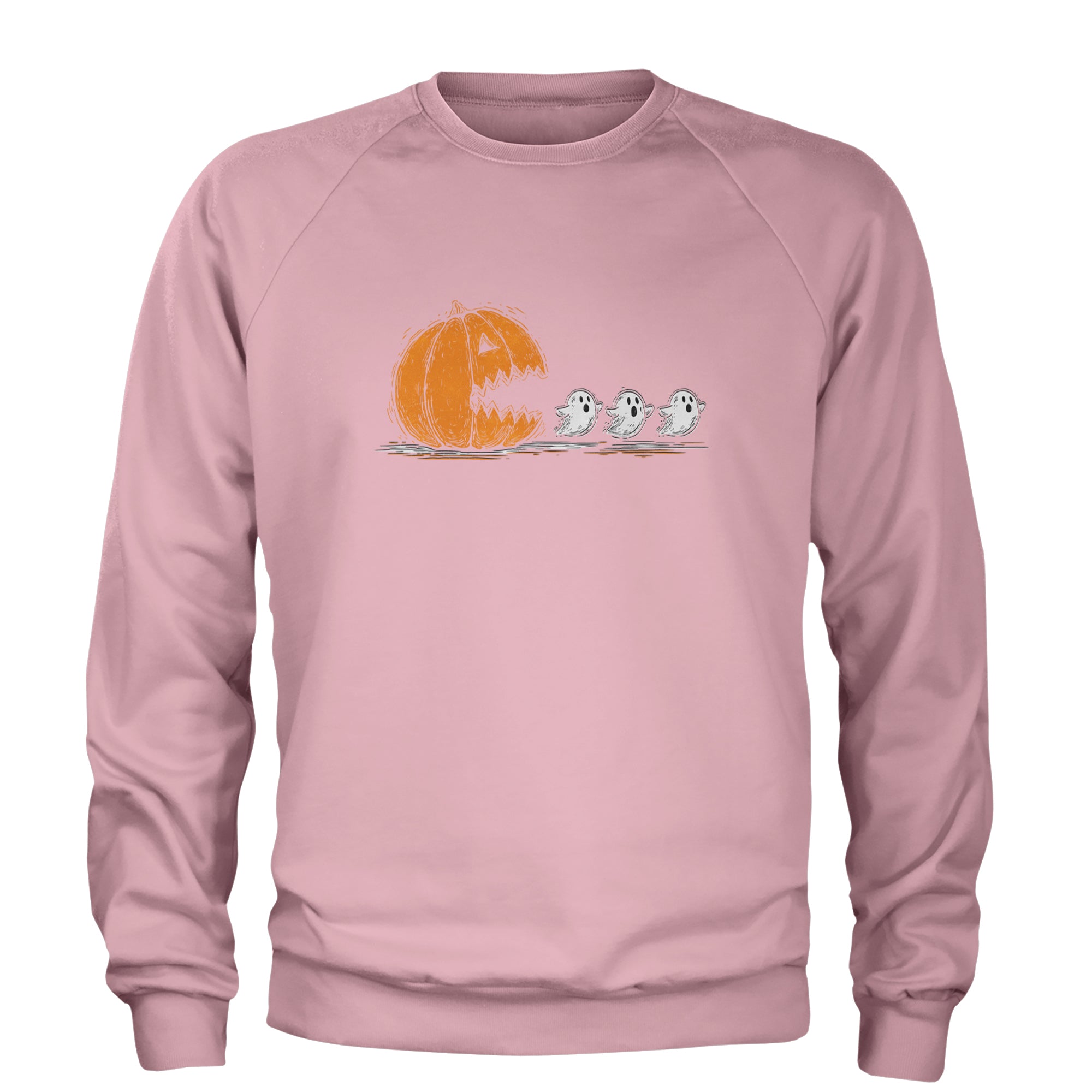 Pumpkin Pacman Chasing Ghosts Halloween Adult Crewneck Sweatshirt Light Pink
