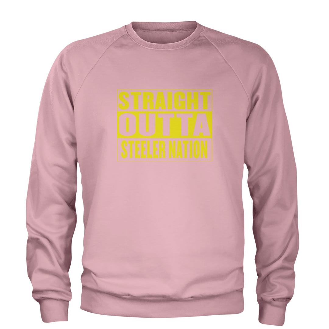 Straight Outta Steeler Nation Football graphic on Unisex Heavyweight Fleece Crewneck Sweatshirt in Light Pink