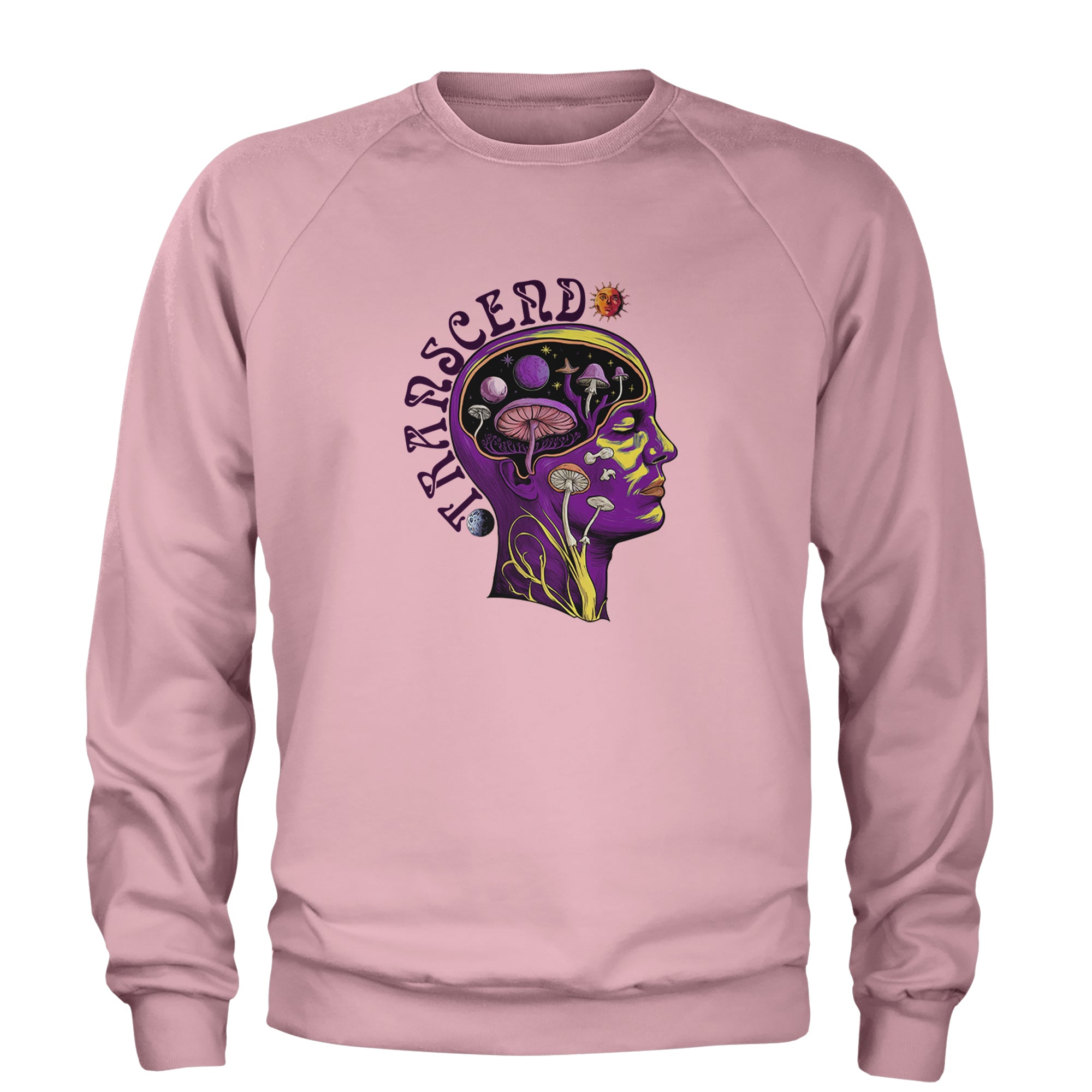 Psychedelic Cosmic Mushroom Head Adult Crewneck Sweatshirt Light Pink