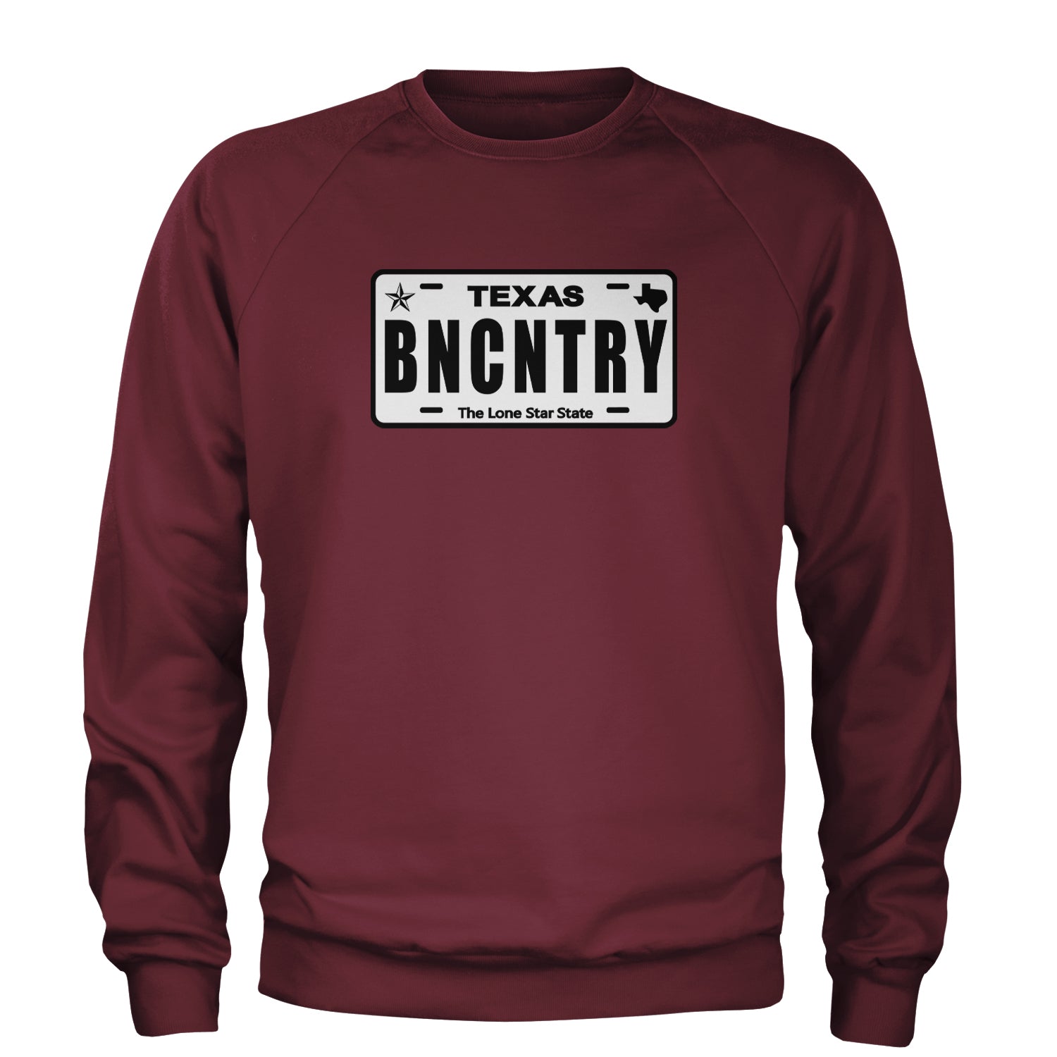 Texas License Plate BNCNTRY Adult Crewneck Sweatshirt Maroon