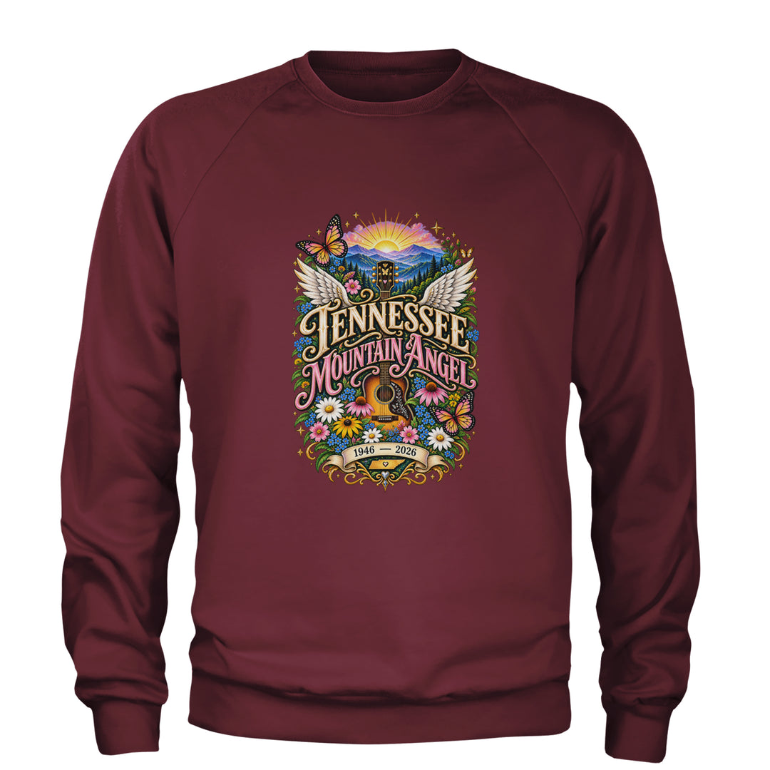 Tennessee Mountain Angel Wings Dolly Adult Crewneck Sweatshirt Maroon