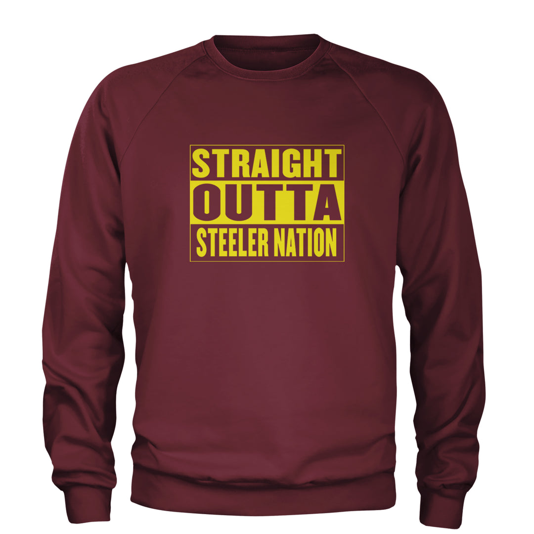 Straight Outta Steeler Nation Football graphic on Unisex Heavyweight Fleece Crewneck Sweatshirt in Maroon