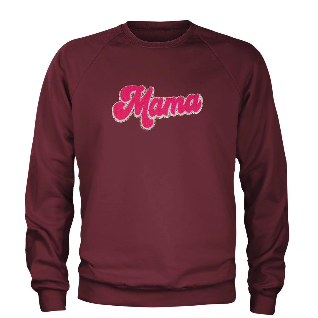 Mama Hot Pink Glitter Chenille Patch Adult Crewneck Sweatshirt Maroon