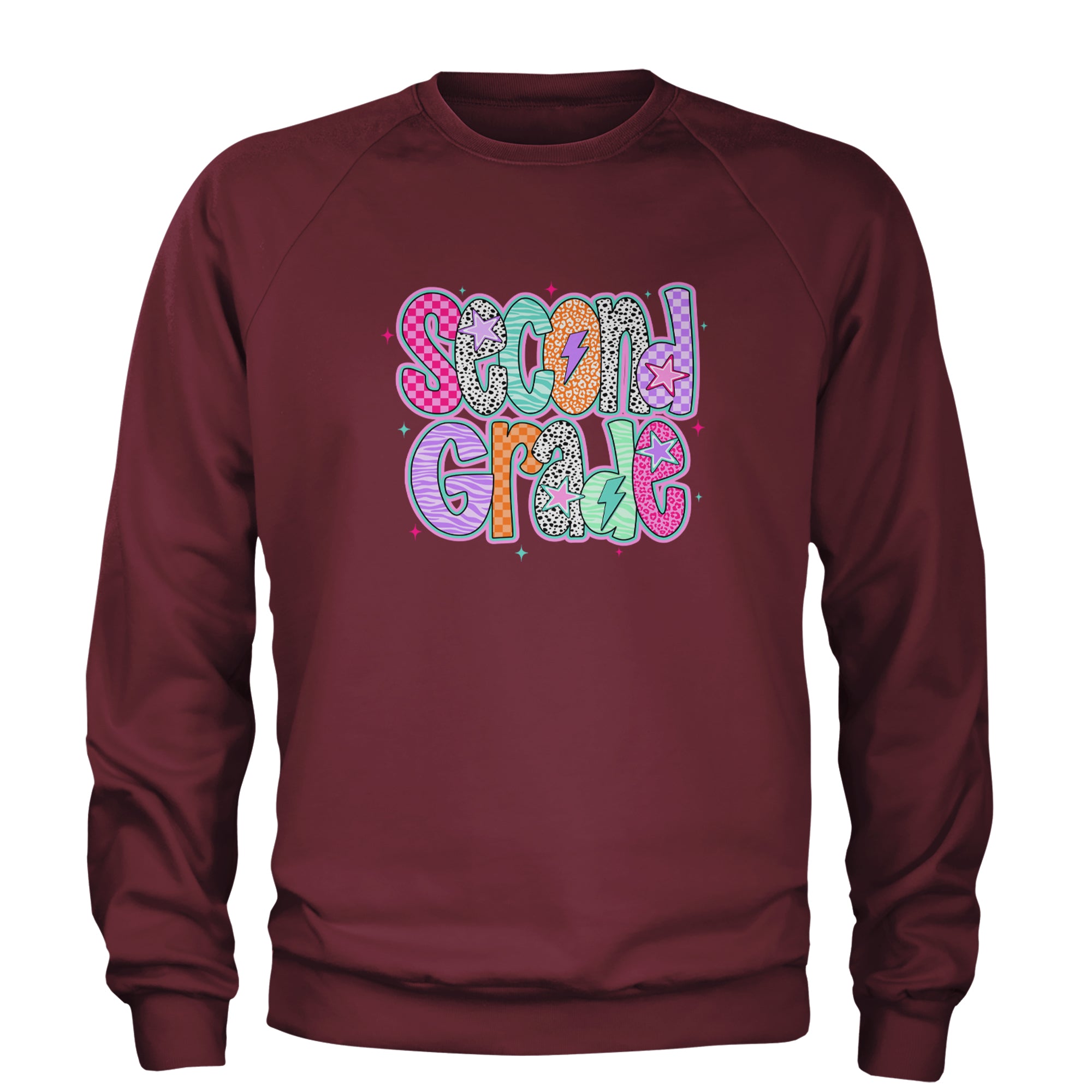 Second Grade Star Colorful Back to School Adult Crewneck Sweatshirt Maroon