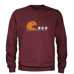 Pumpkin Pacman Chasing Ghosts Halloween Adult Crewneck Sweatshirt Maroon