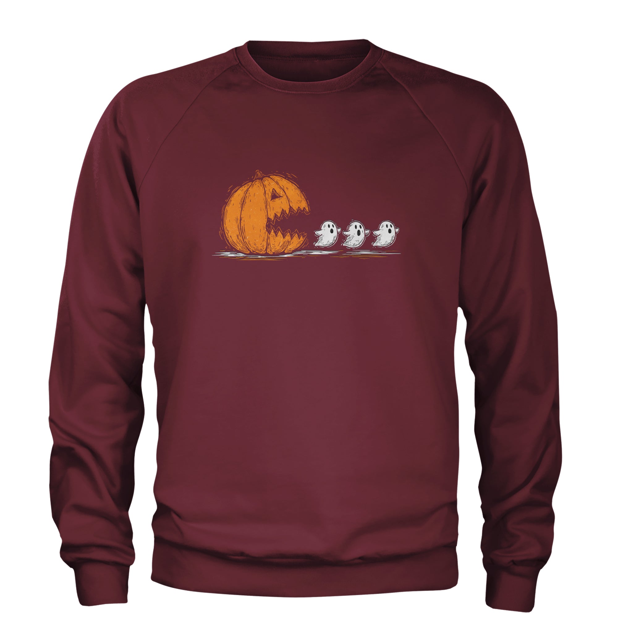 Pumpkin Pacman Chasing Ghosts Halloween Adult Crewneck Sweatshirt Maroon