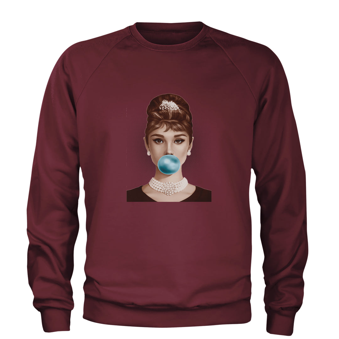 Audrey Hepburn Chewing Bubble Gum American Icon Adult Crewneck Sweatshirt Maroon