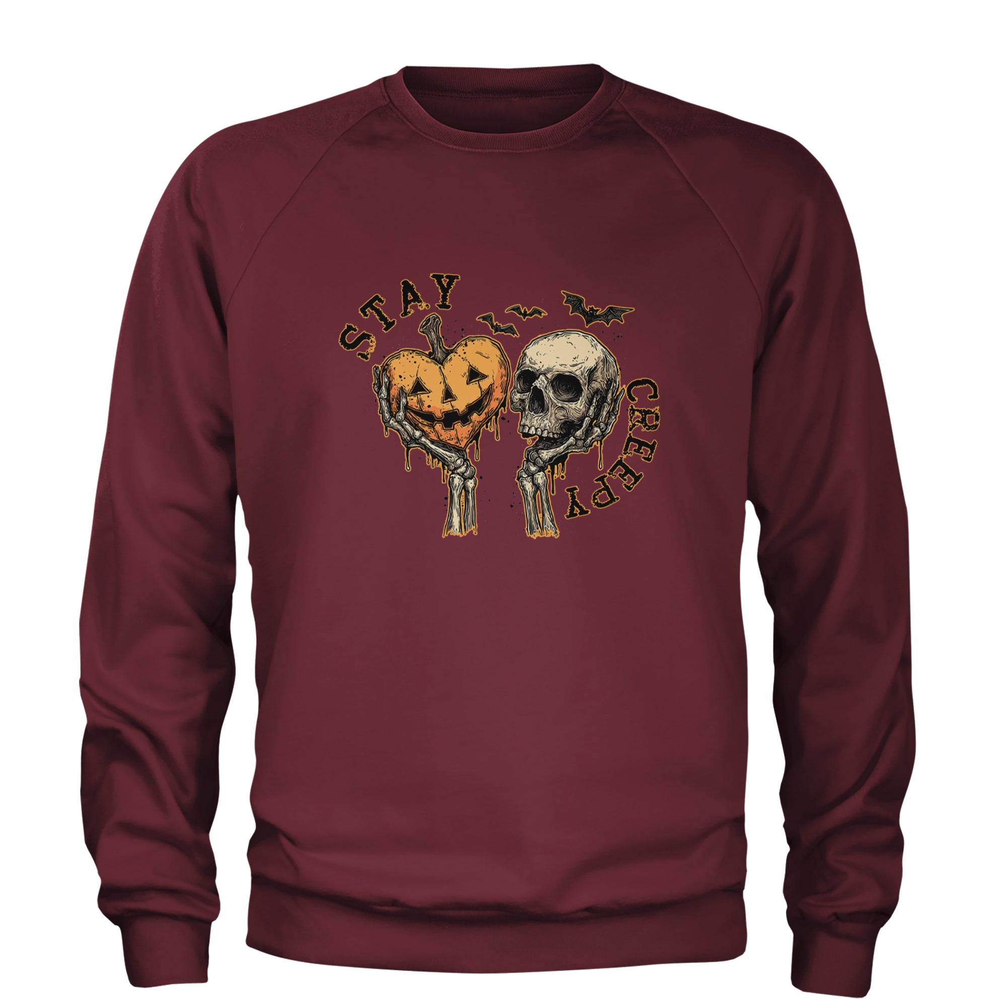 Stay Creepy Skull and Pumpkin Halloween Adult Crewneck Sweatshirt Maroon