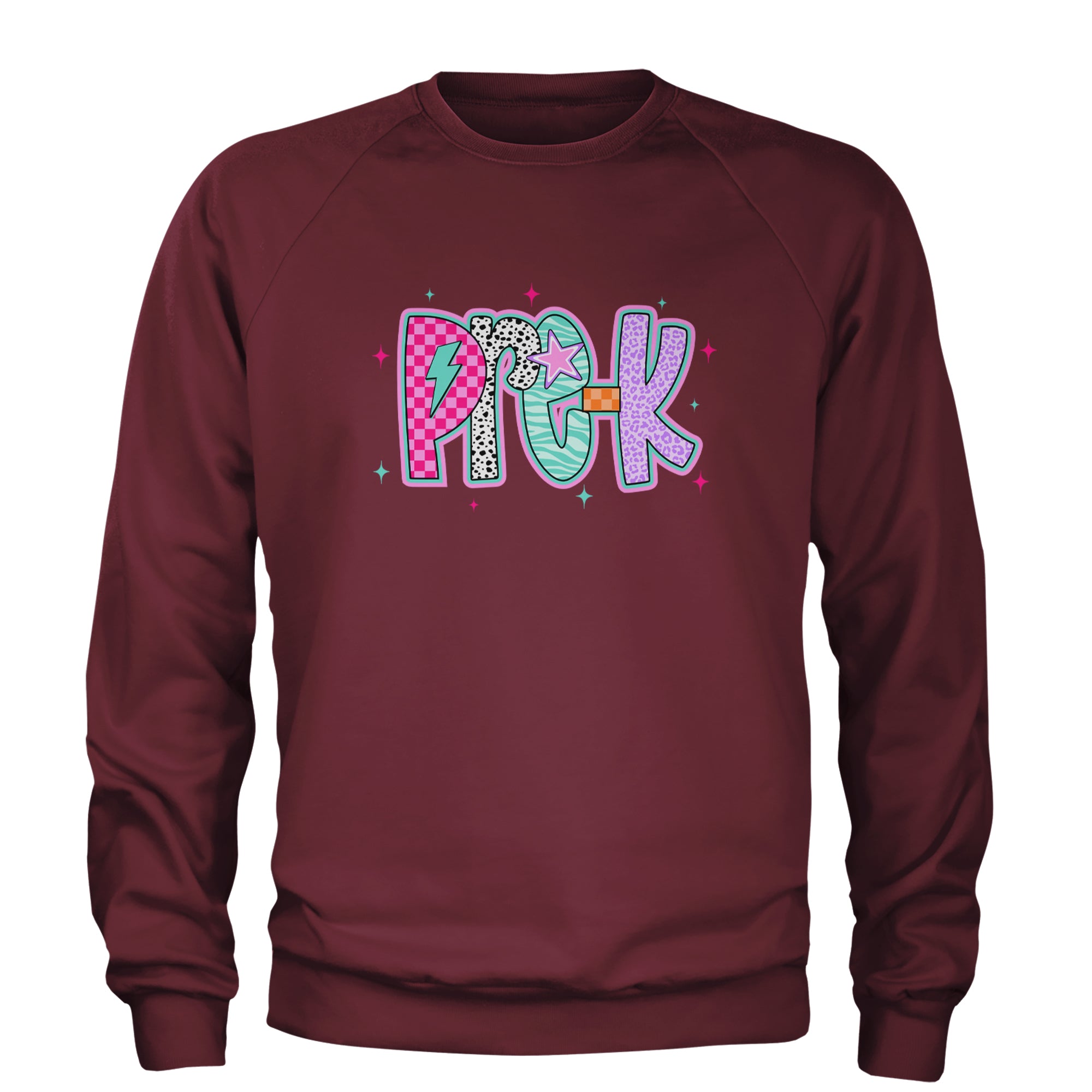 Pre-K Party Time Colorful Back to School Adult Crewneck Sweatshirt Maroon