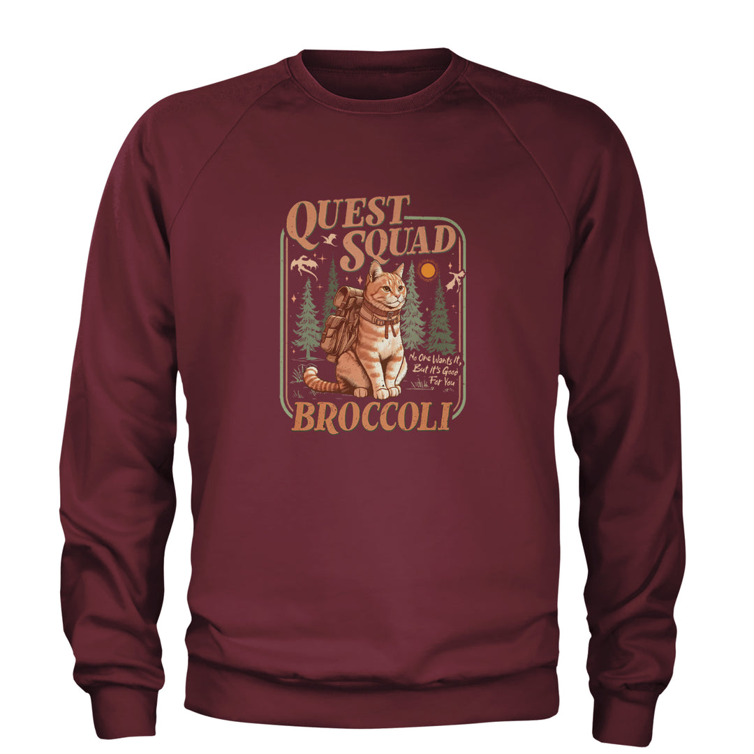 Quest Squad Broccoli Cat Fantasy Reader  Adult Crewneck Sweatshirt Maroon