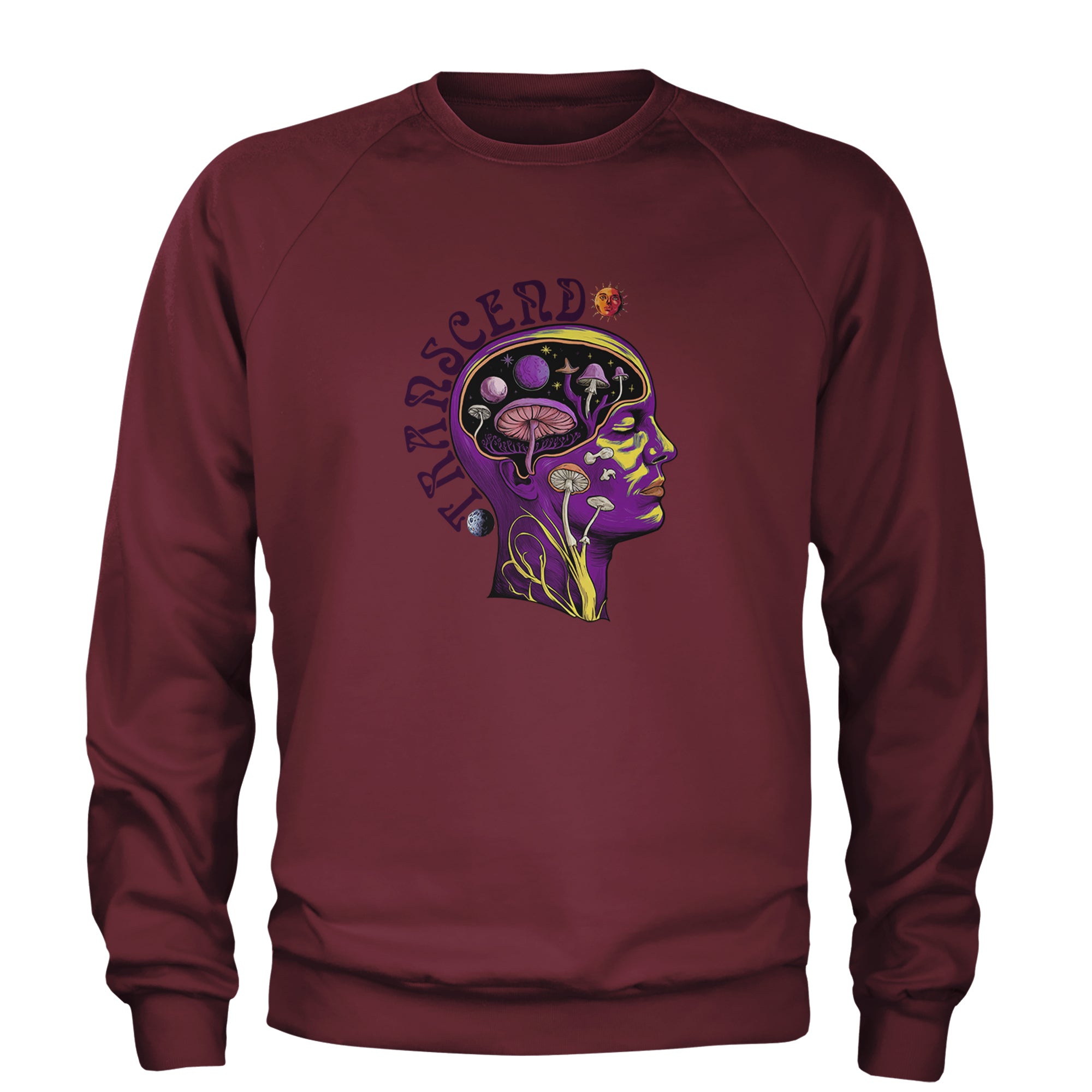 Psychedelic Cosmic Mushroom Head Adult Crewneck Sweatshirt Maroon