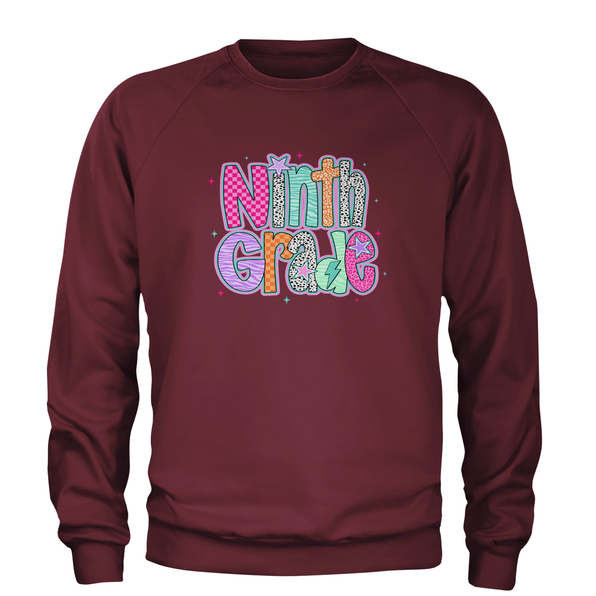 Ninth Grade Freshman Vibes Colorful Back to School Adult Crewneck Sweatshirt Maroon