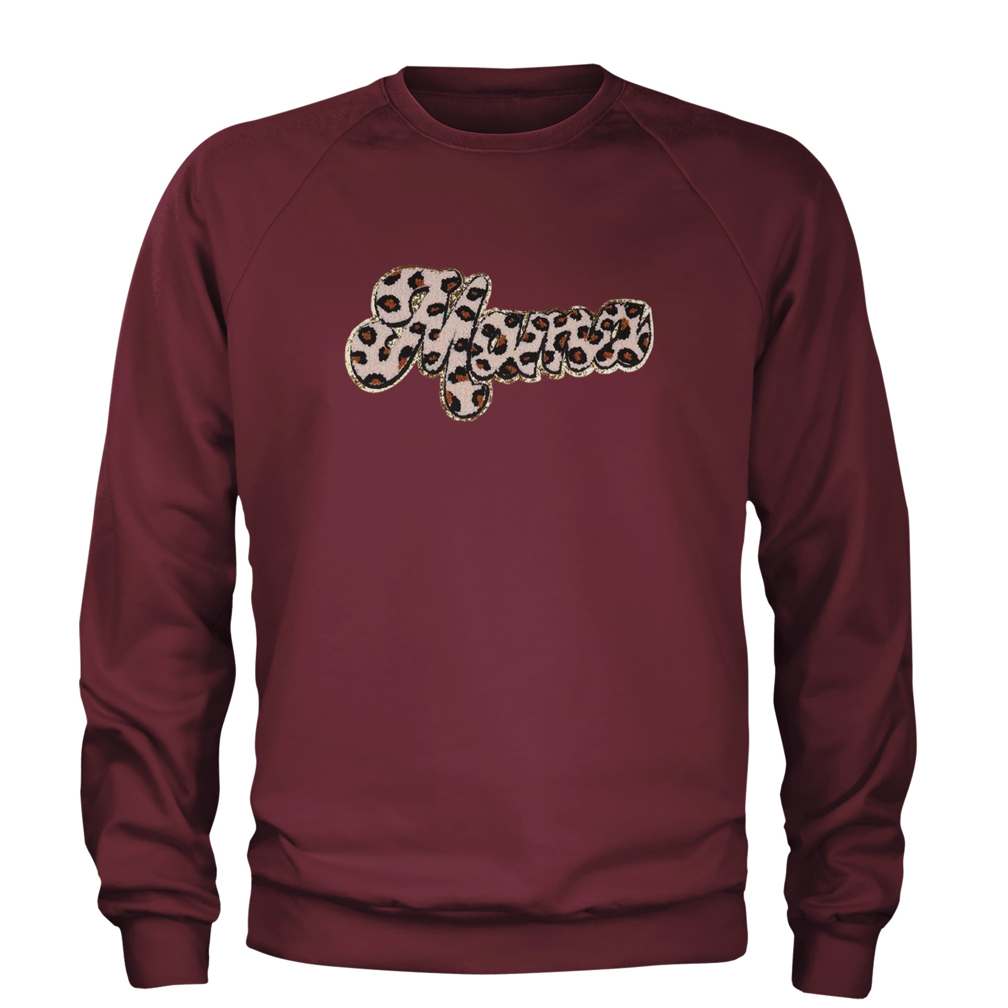 Mama Cheetah Print Glitter Chenille Patch Adult Crewneck Sweatshirt Maroon