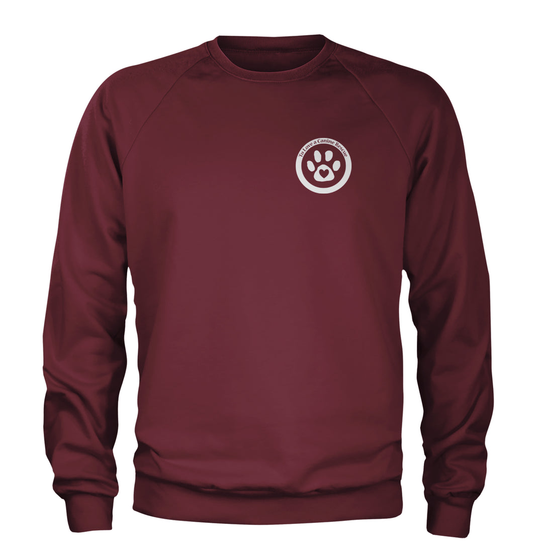TLC To Love a Canine Dog Rescue White Adult Crewneck Sweatshirt Maroon