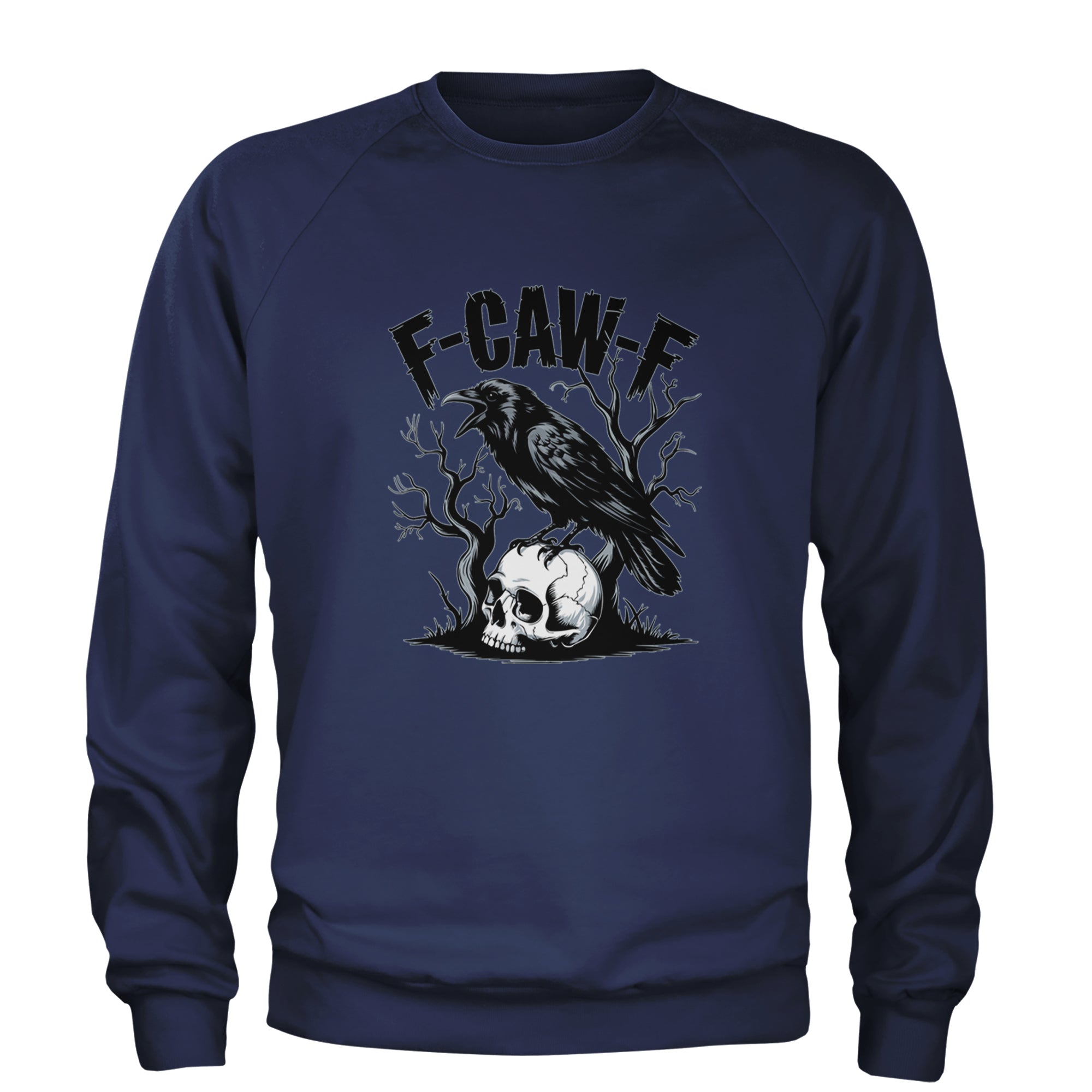 F-Caw-F Crow On Skull F-ck Off Gothic Adult Crewneck Sweatshirt Navy Blue