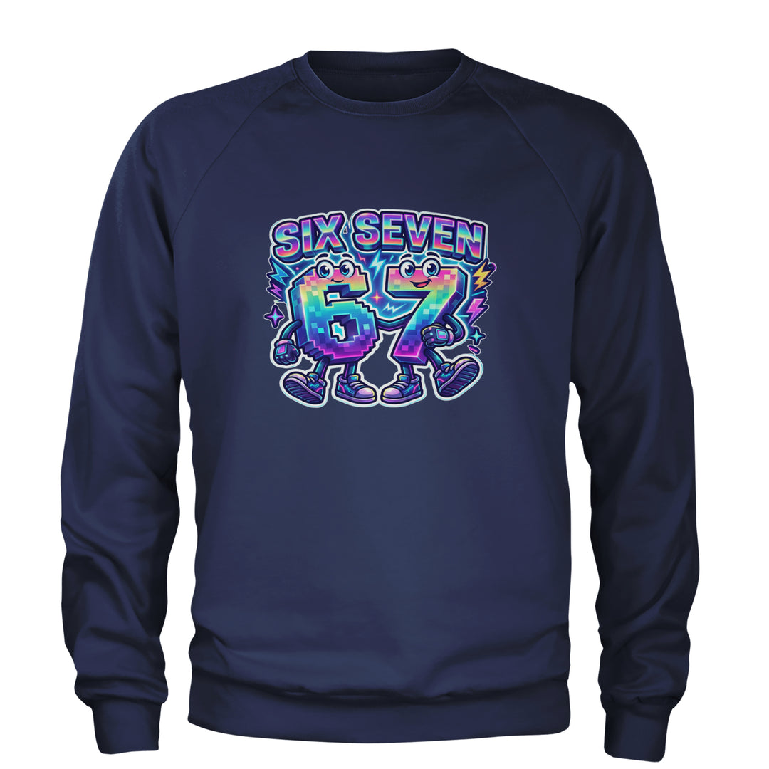 Six Seven 67 Retro Pixel Buddies Adult Crewneck Sweatshirt Navy Blue