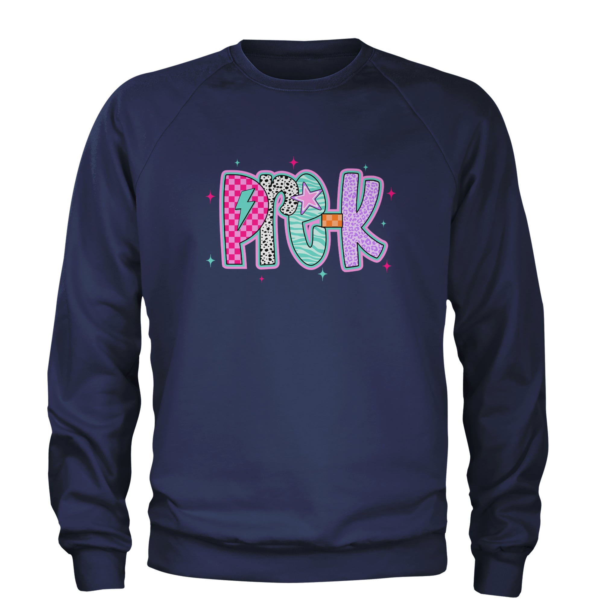 Pre-K Party Time Colorful Back to School Adult Crewneck Sweatshirt Navy Blue