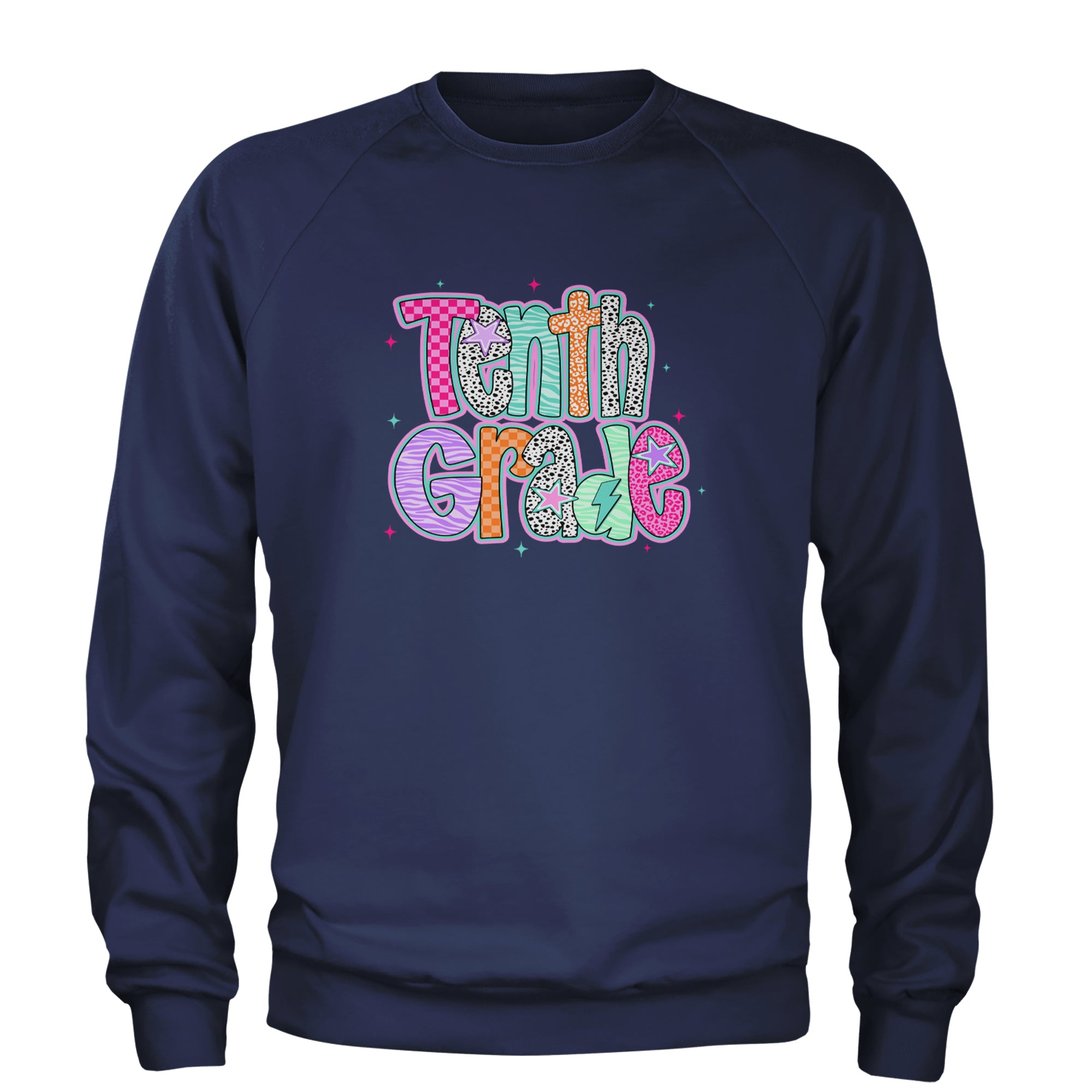 Tenth Grade Trendsetter Colorful Back to School Adult Crewneck Sweatshirt Navy Blue