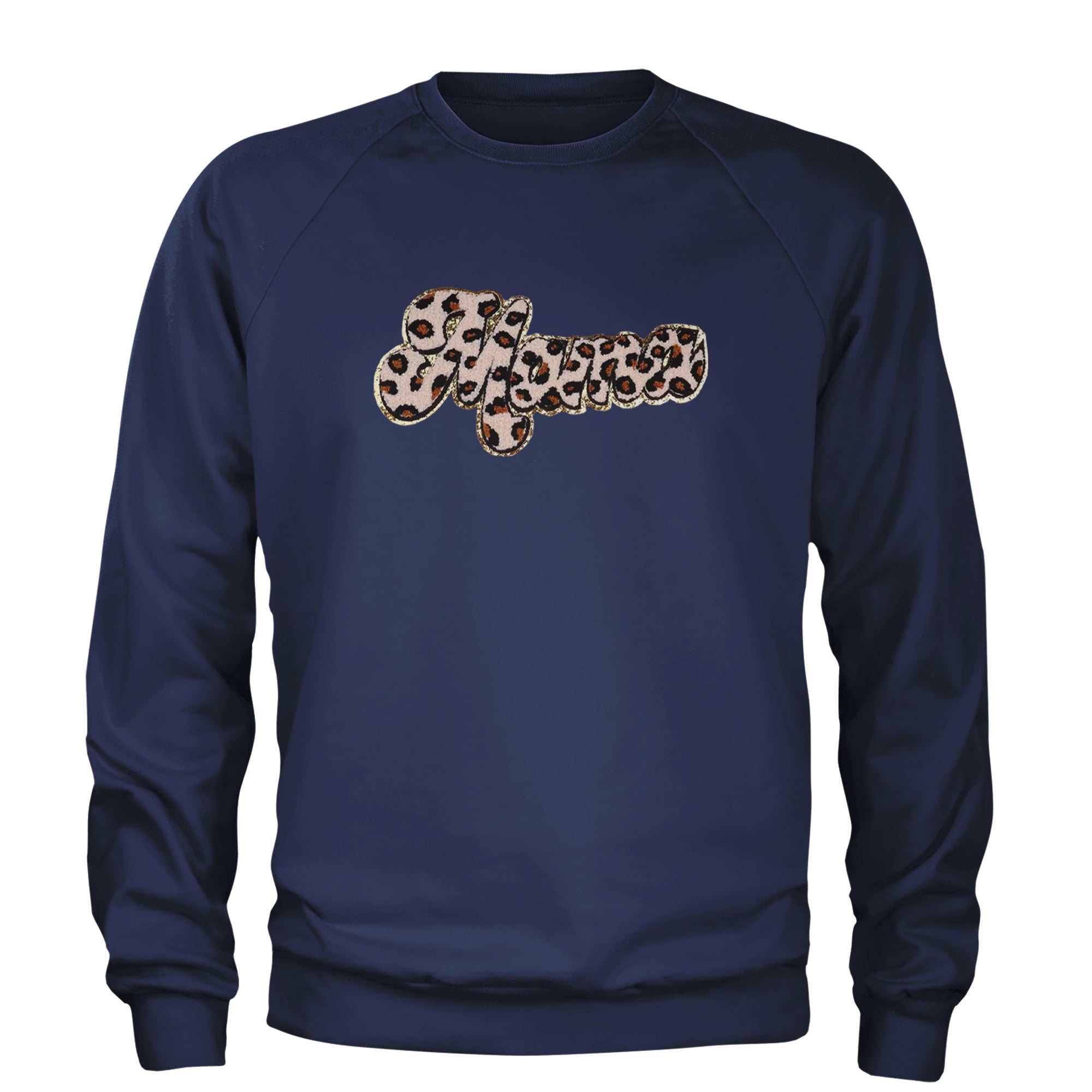 Mama Cheetah Print Glitter Chenille Patch Adult Crewneck Sweatshirt Navy Blue