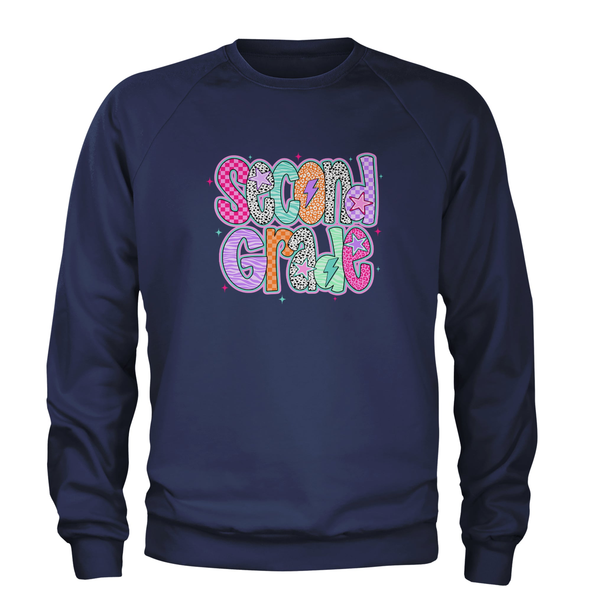 Second Grade Star Colorful Back to School Adult Crewneck Sweatshirt Navy Blue