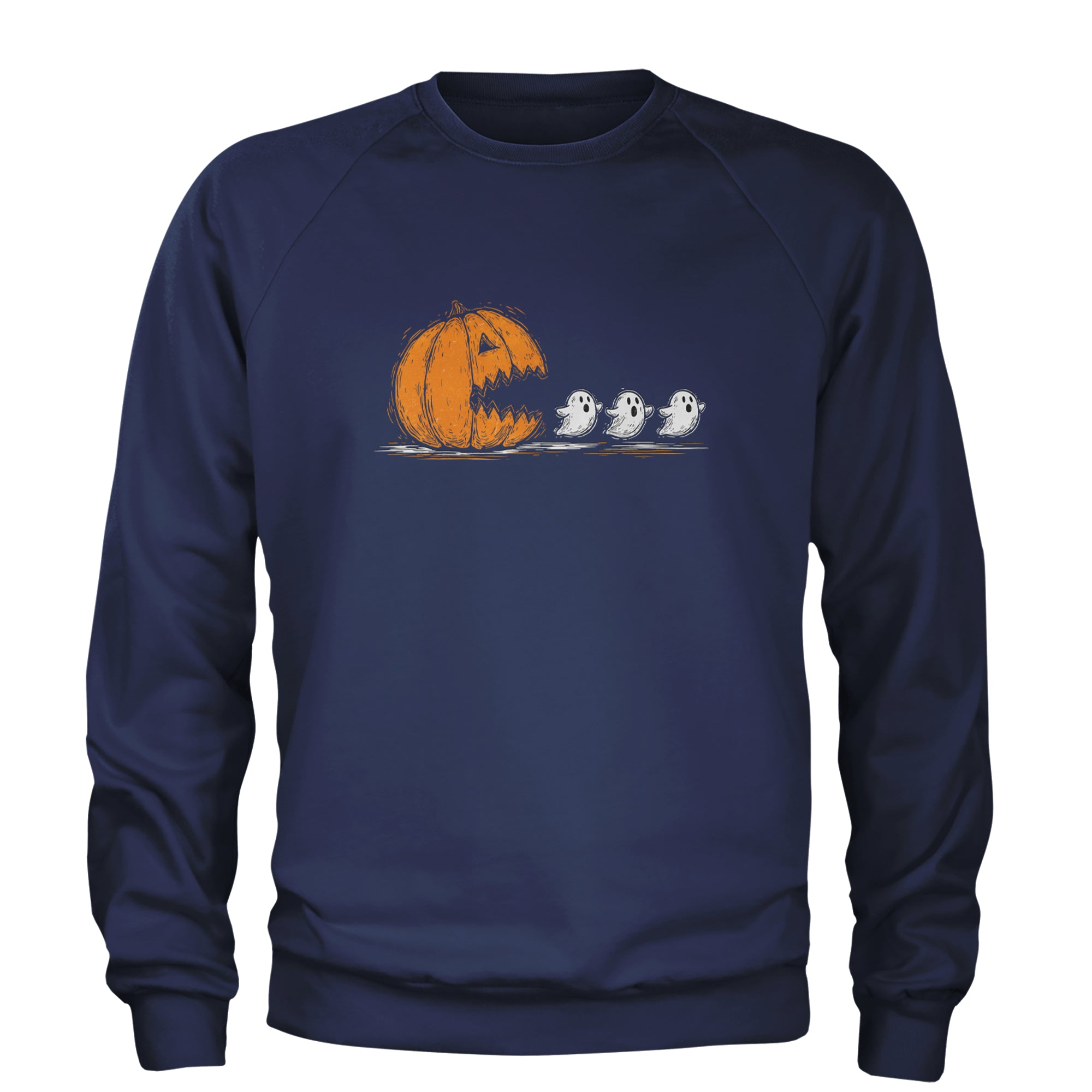 Pumpkin Pacman Chasing Ghosts Halloween Adult Crewneck Sweatshirt Navy Blue