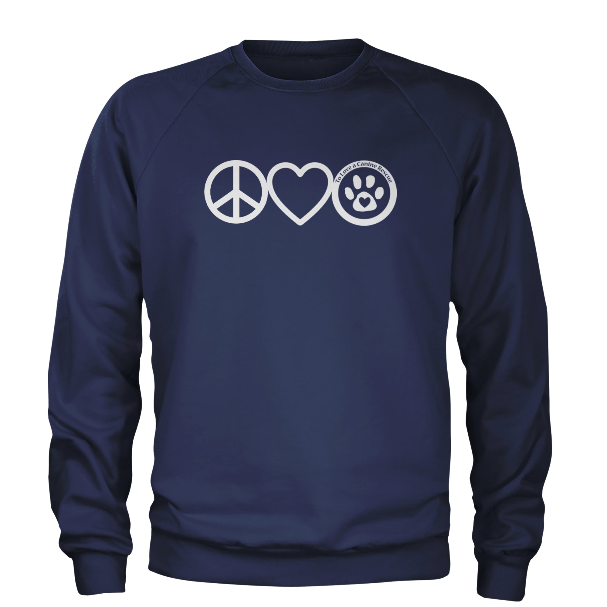 Peace, Love and TLC Dog Rescue Adult Crewneck Sweatshirt Navy Blue