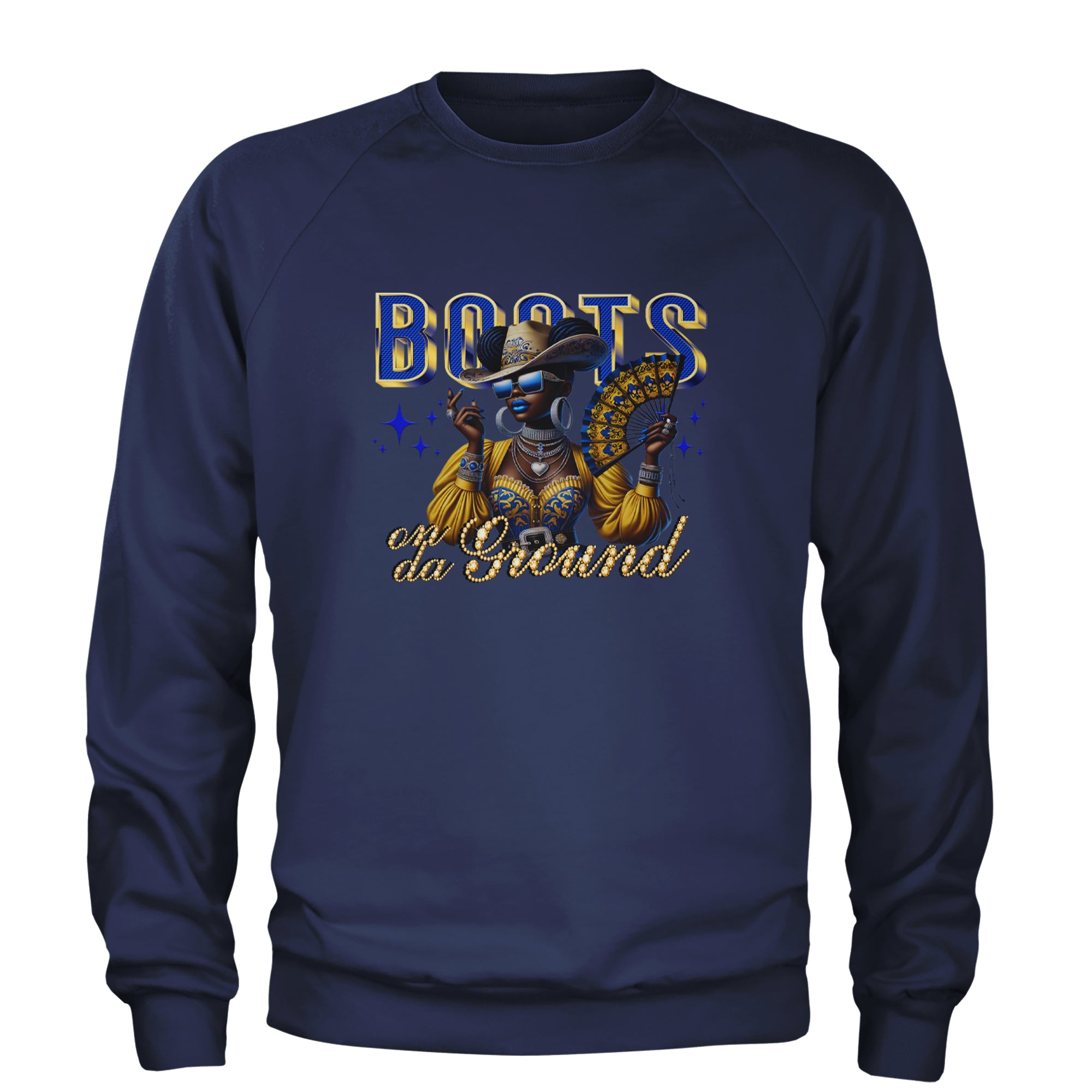 Boots On Da Ground Folding Fan Adult Crewneck Sweatshirt Navy Blue