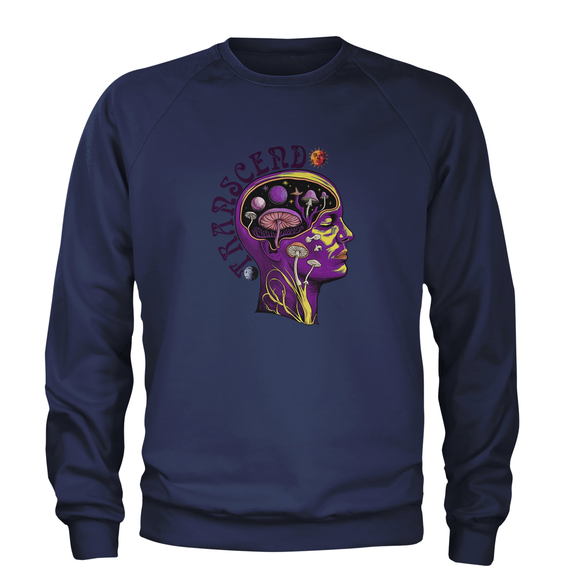 Psychedelic Cosmic Mushroom Head Adult Crewneck Sweatshirt Navy Blue