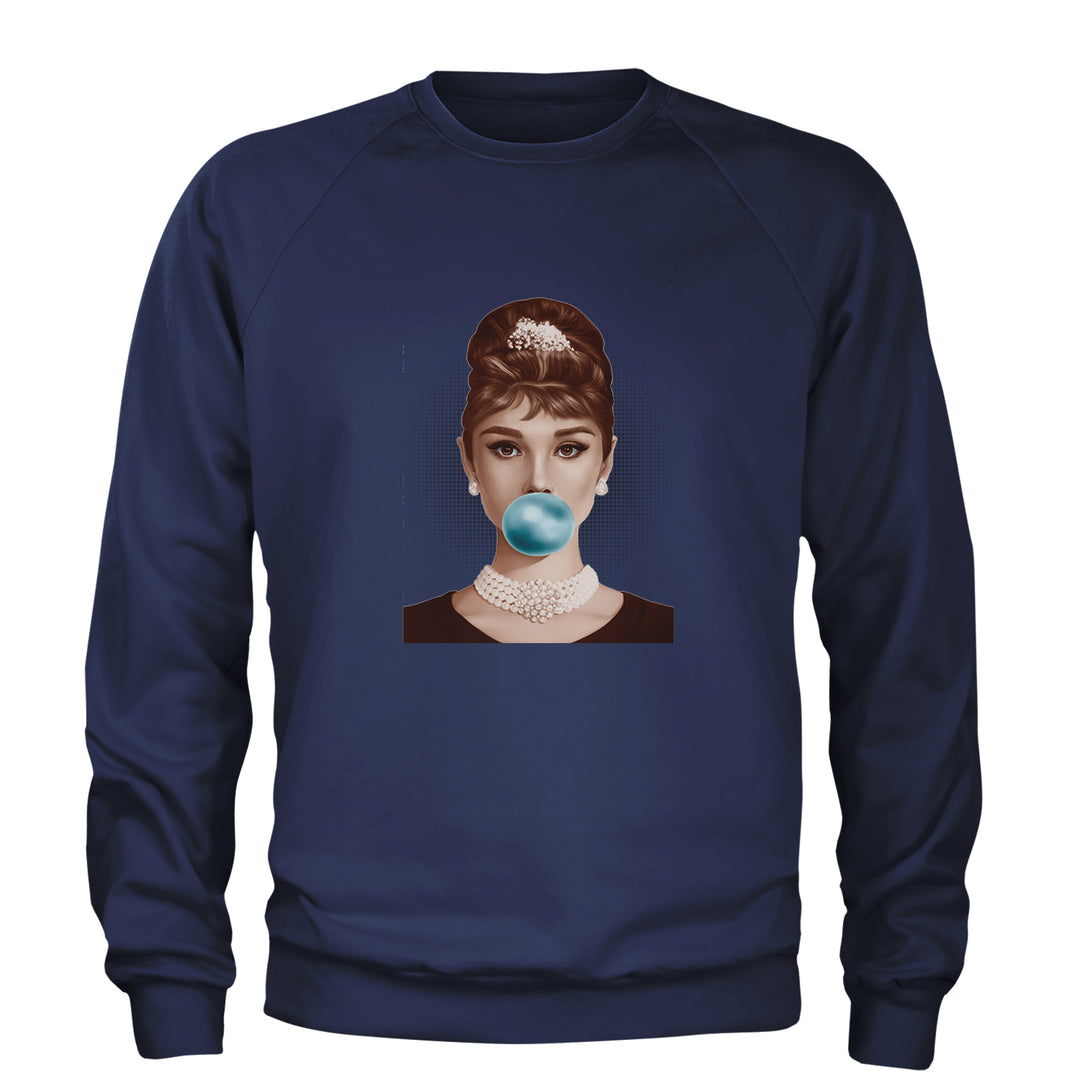 Audrey Hepburn Chewing Bubble Gum American Icon Adult Crewneck Sweatshirt Navy Blue