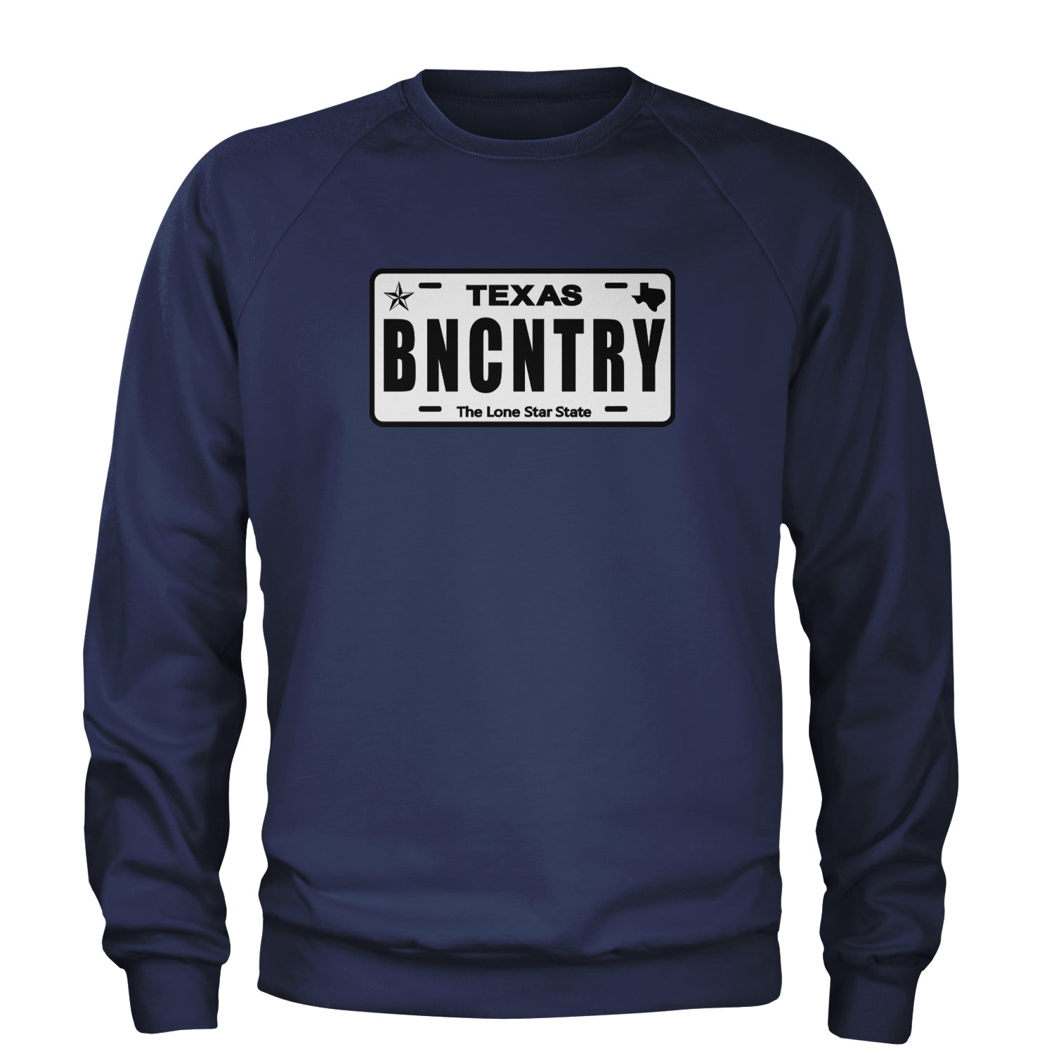 Texas License Plate BNCNTRY Adult Crewneck Sweatshirt Navy Blue