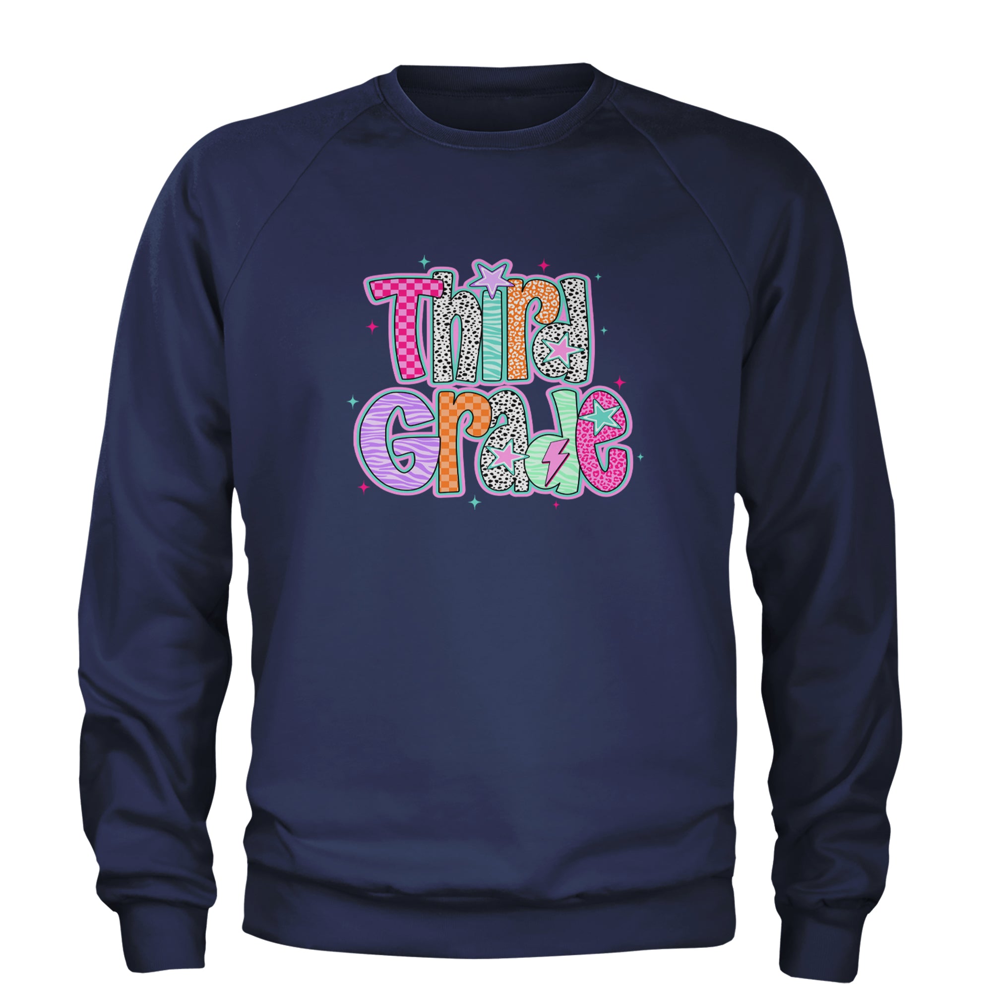 Third Grade Thunder Colorful Back to School Adult Crewneck Sweatshirt Navy Blue